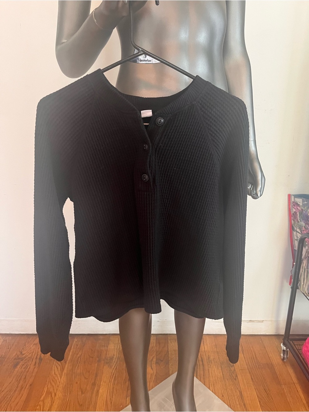 Old Navy Black Waffle-Knit Button Henley Sweater